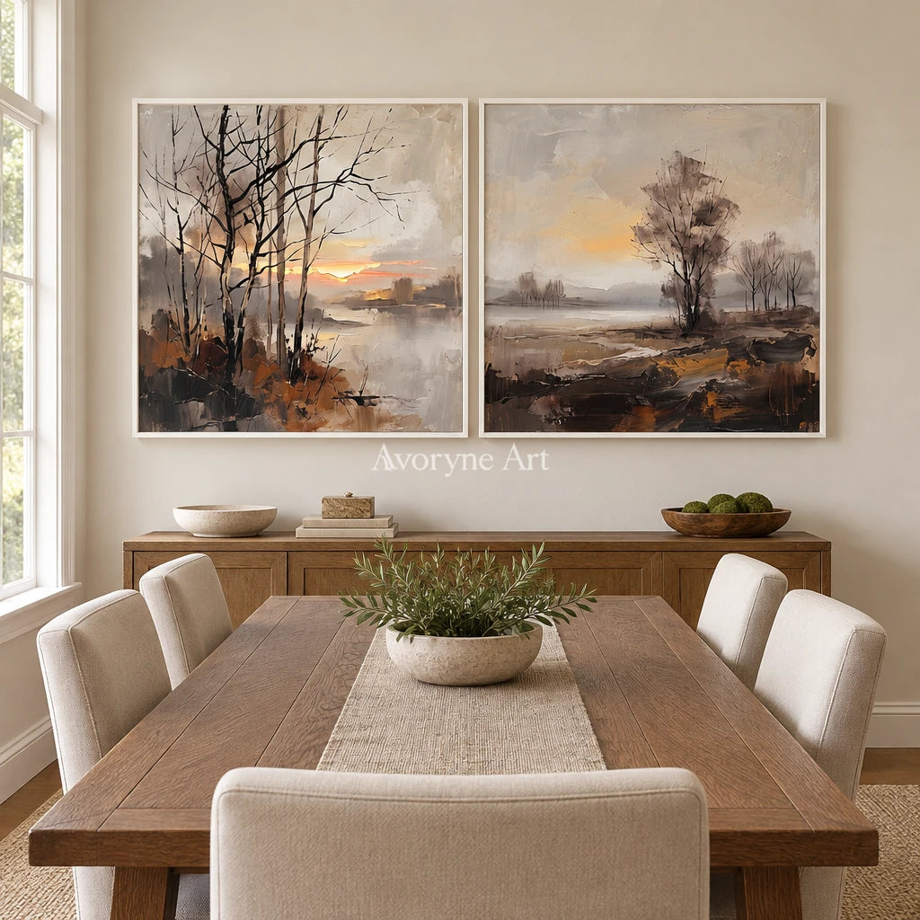 Bright Gesture earth tone landscape diptych with a white frame in a dining room