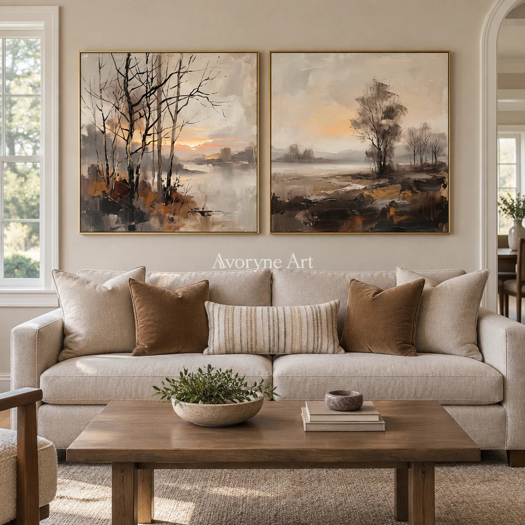 Bright Gesture earth tone landscape diptych with a gold frame hanging in a living room