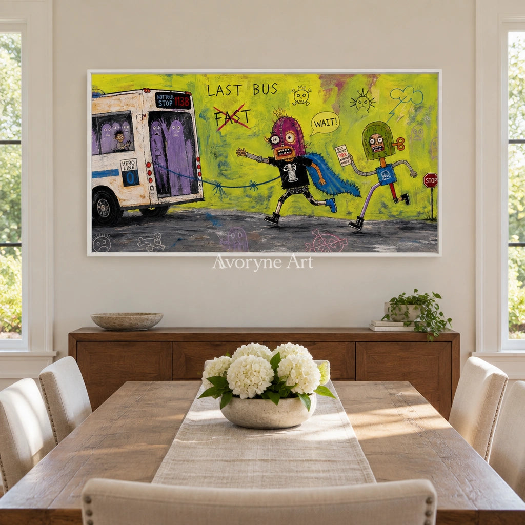 Warm Drift everyday character wall art with a white frame in a dining room