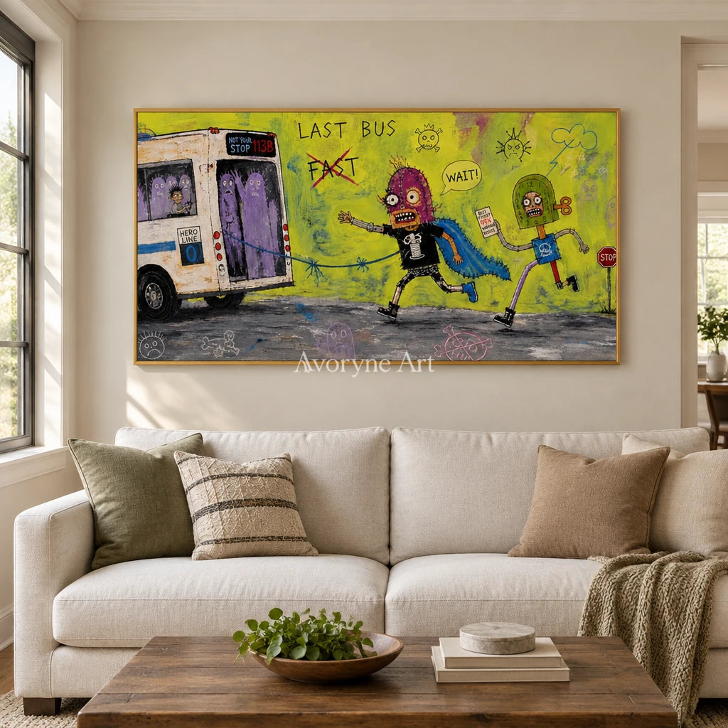 Warm Drift everyday character wall art with a gold frame hanging in a living room