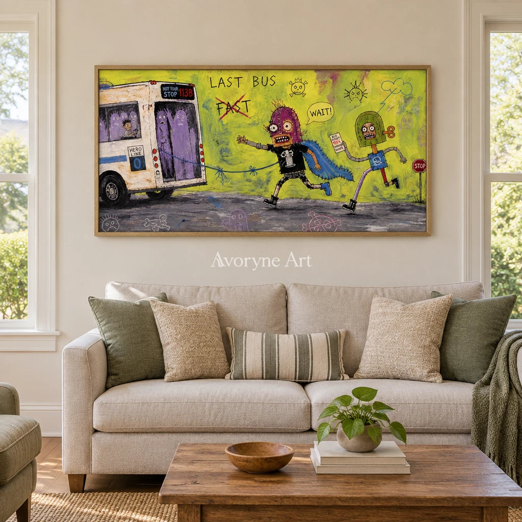 Warm Drift everyday character wall art with a wood frame in a villa living space