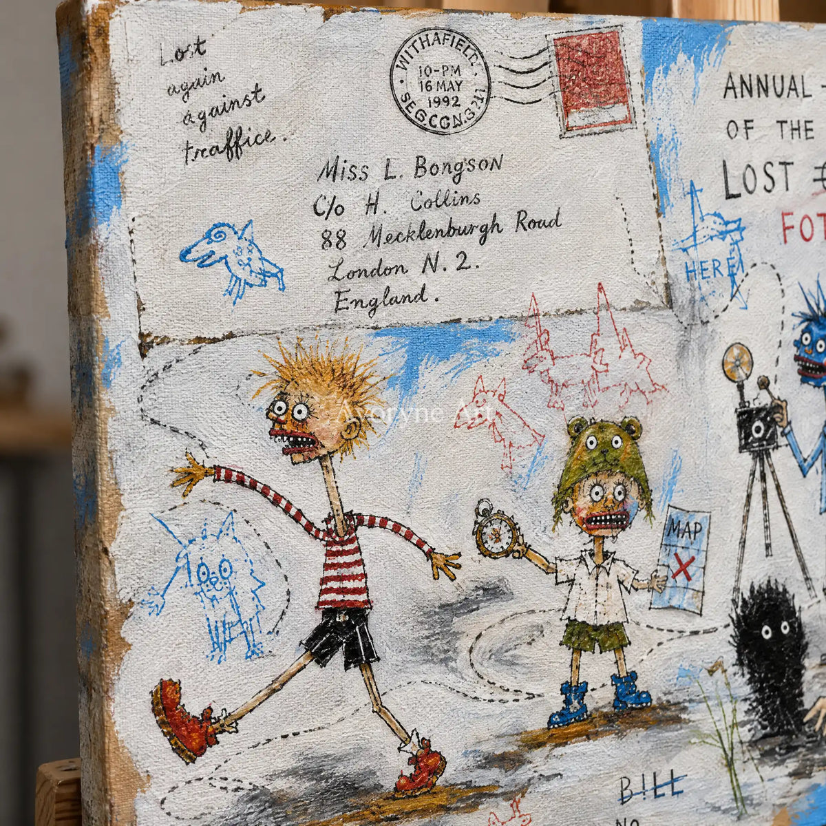 Close-up of the hand-painted texture of Warm Verse everyday character wall art on an easel