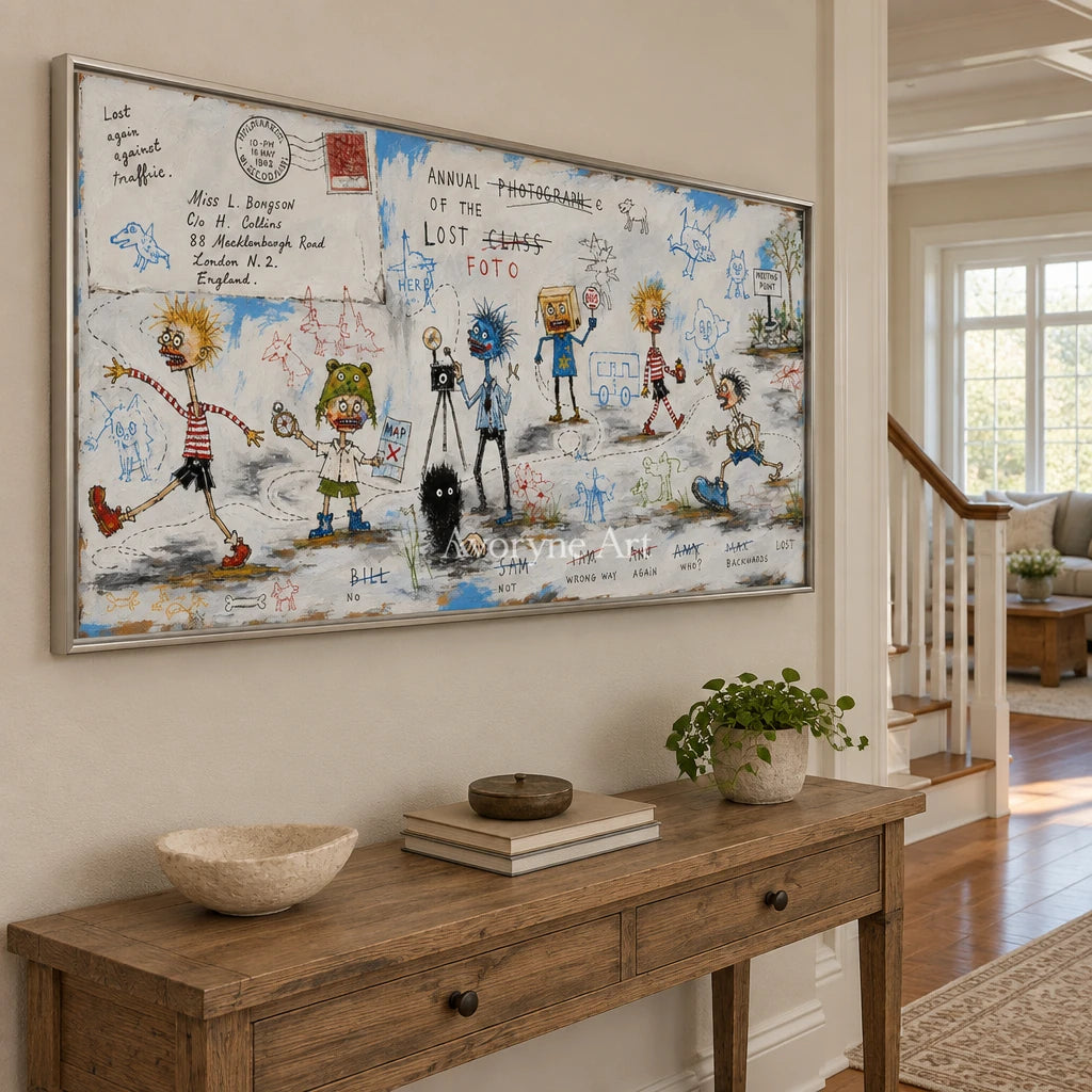 Warm Verse everyday character wall art with a silver frame in an entryway