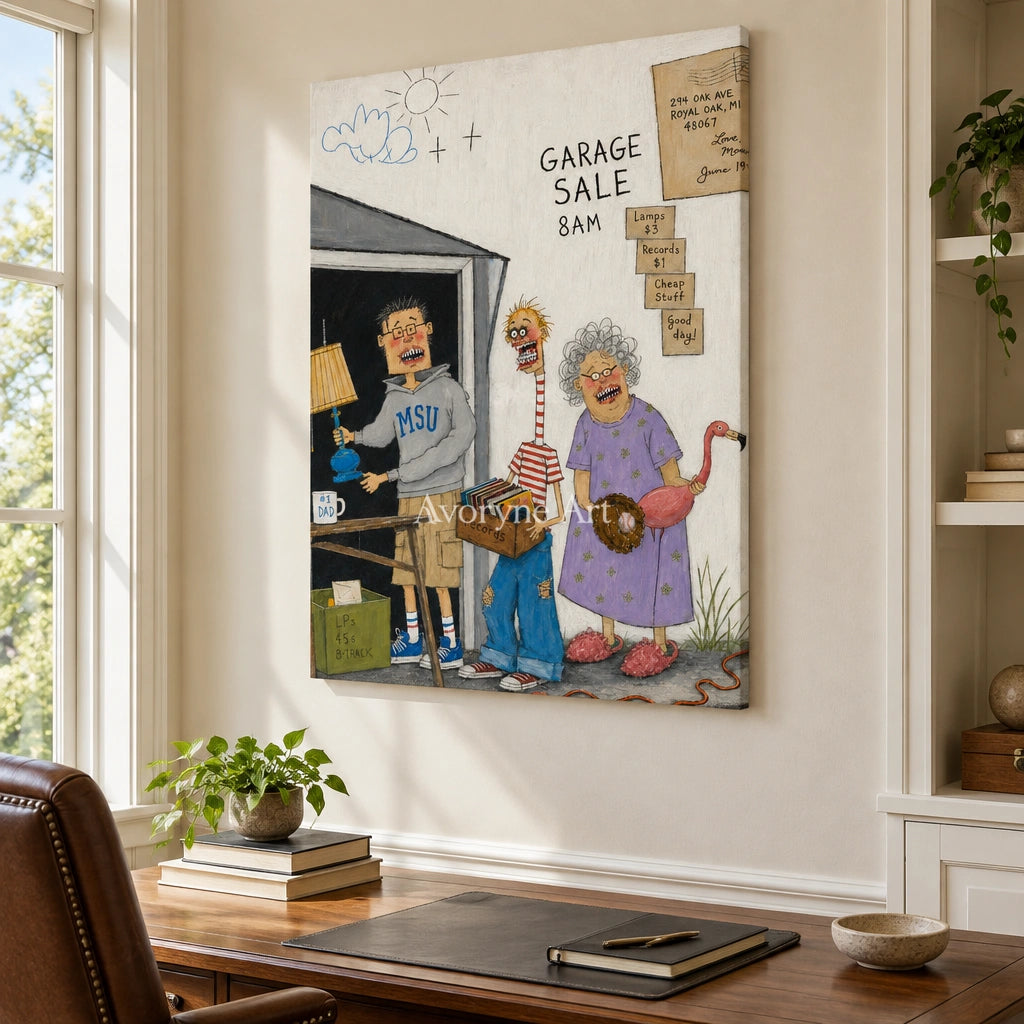 Warm Memory everyday character wall art as a frameless stretched canvas in a home office