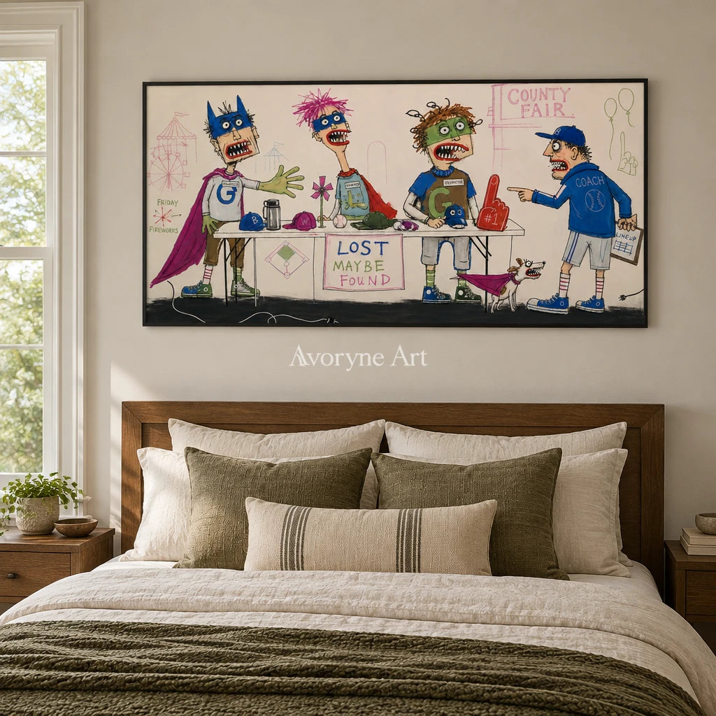 Warm Trace everyday character wall art with a black frame above a bed in a bedroom