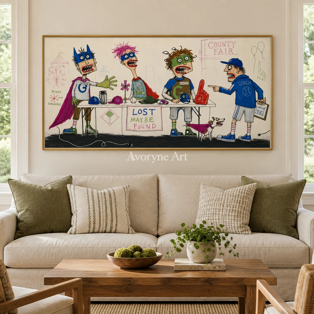 Warm Trace everyday character wall art with a gold frame hanging in a living room