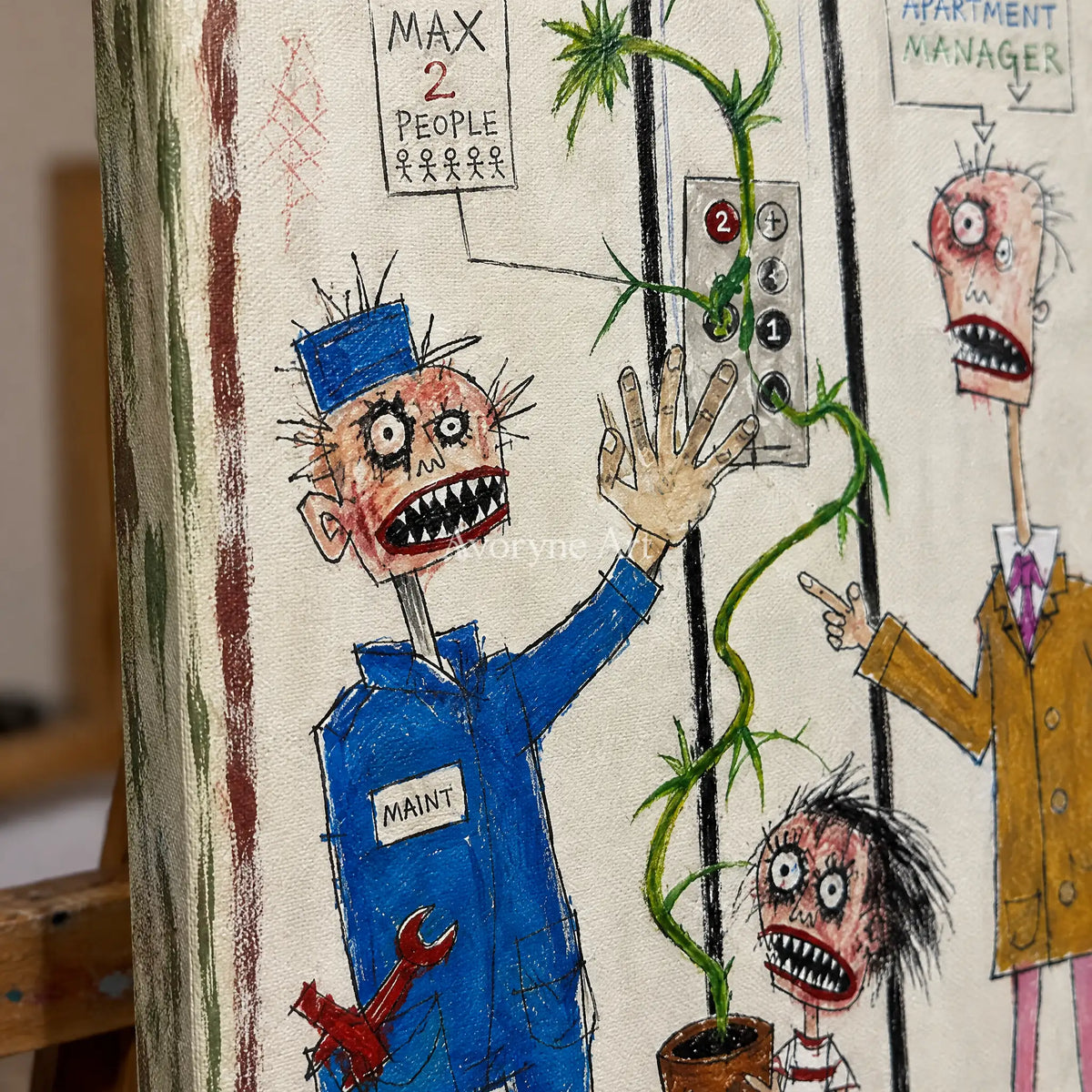 Close-up of the hand-painted texture of Warm Story everyday character wall art on an easel