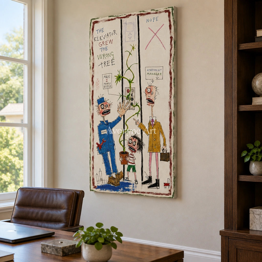 Warm Story everyday character wall art as a frameless stretched canvas in a home office