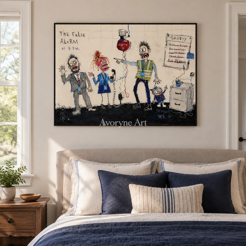 Warm Vista everyday character wall art with a black frame above a bed in a bedroom