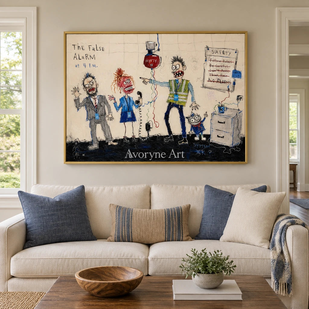 Warm Vista everyday character wall art with a gold frame hanging in a living room