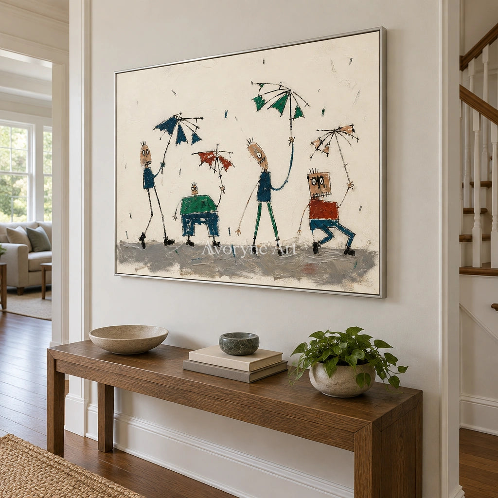 Warm Solace everyday character wall art with a silver frame in an entryway