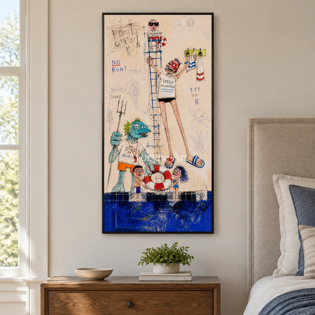 Clear Cadence everyday character wall art with a black frame above a bed in a bedroom