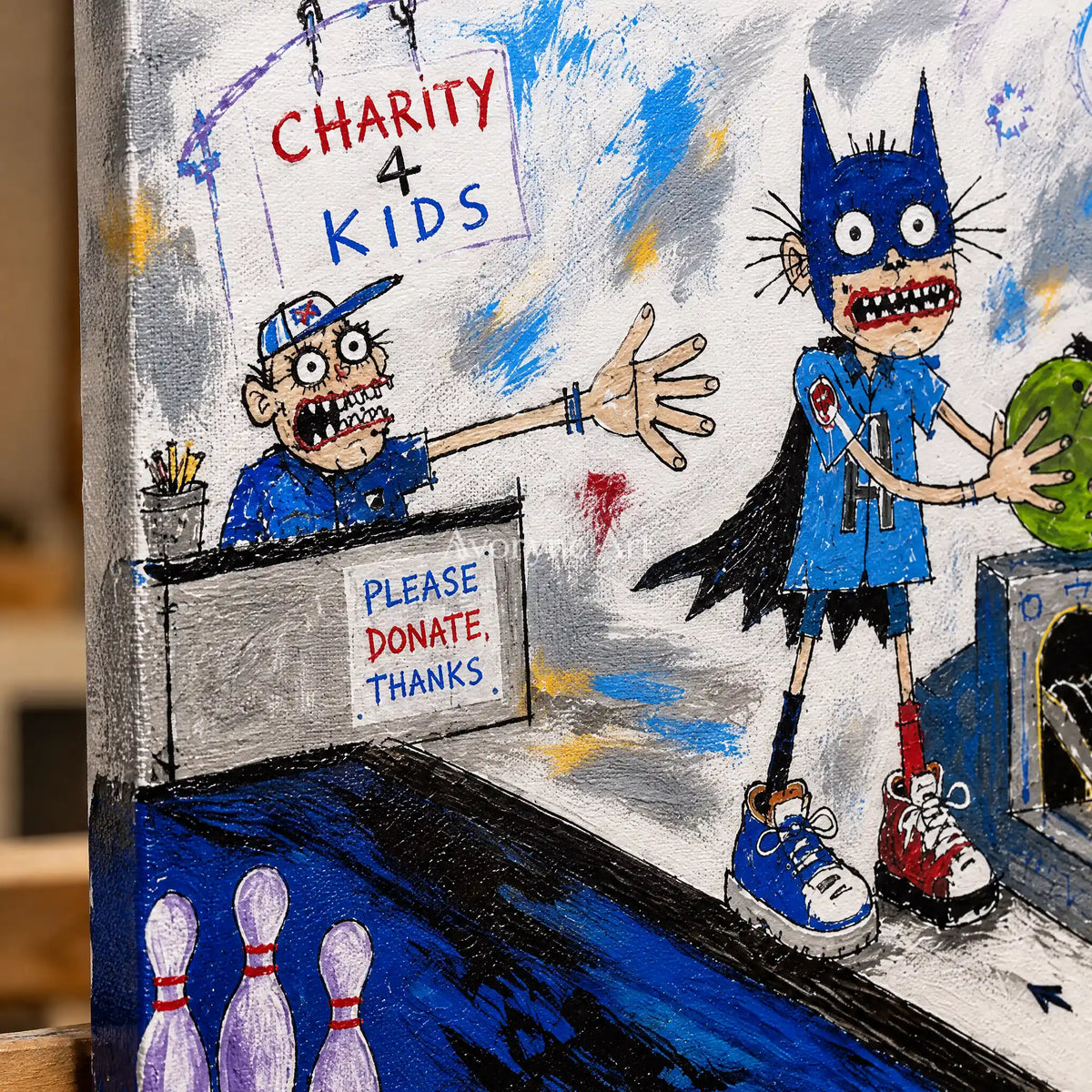 Close-up of the hand-painted texture of Clear Passage everyday character wall art on an easel
