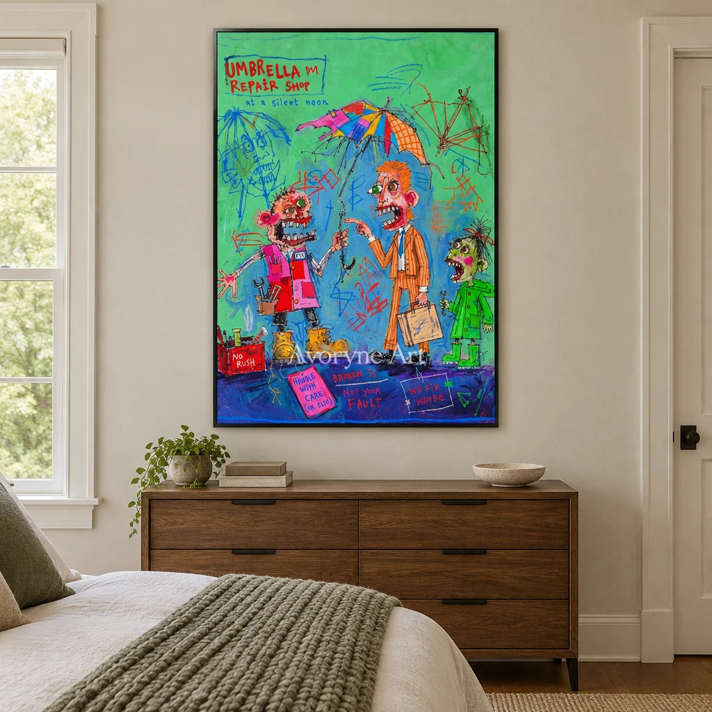 Clear Echo everyday character wall art with a black frame above a bed in a bedroom