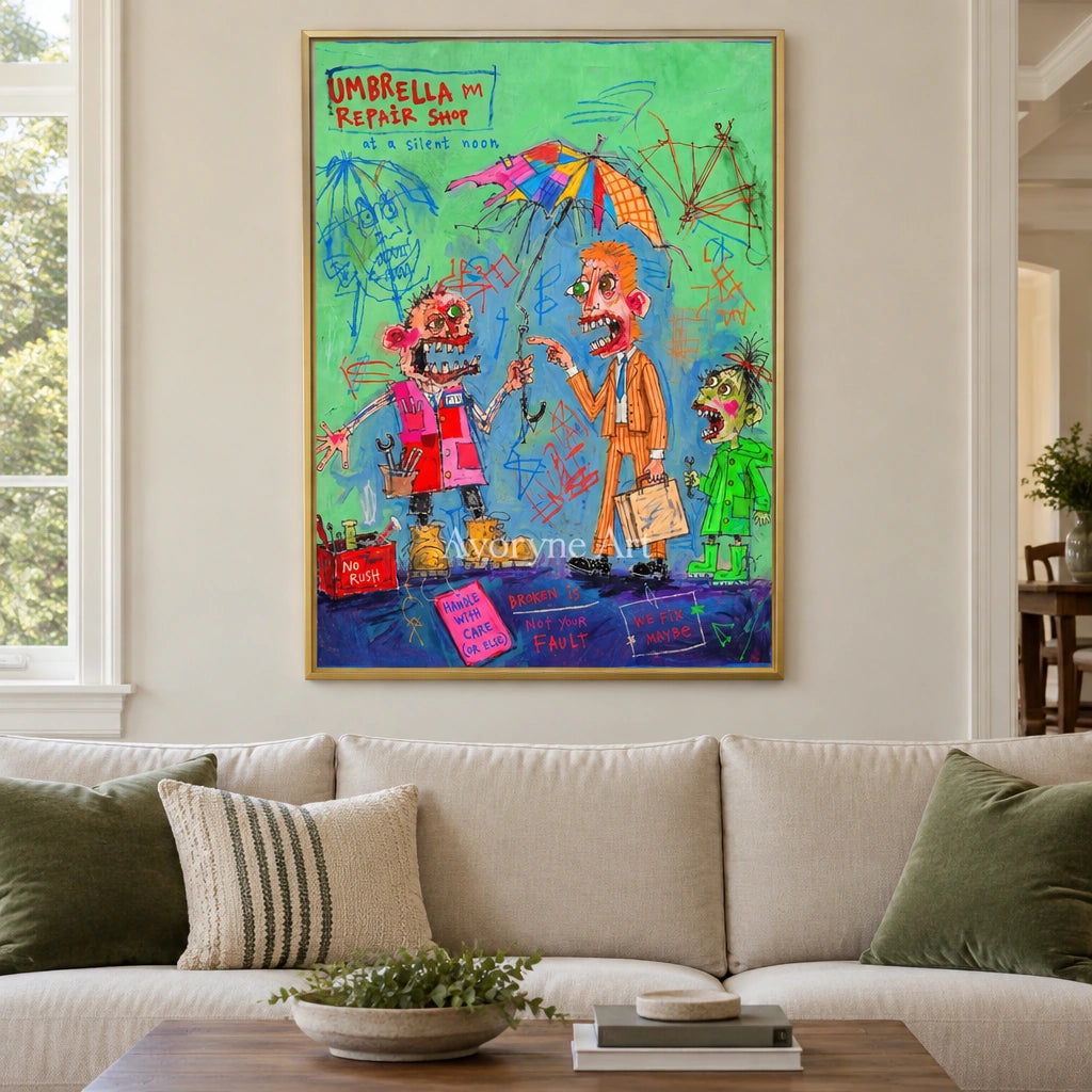 Clear Echo everyday character wall art with a gold frame hanging in a living room