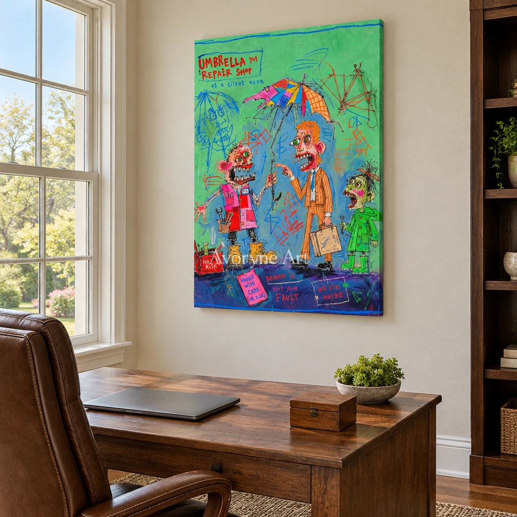 Clear Echo everyday character wall art as a frameless stretched canvas in a home office