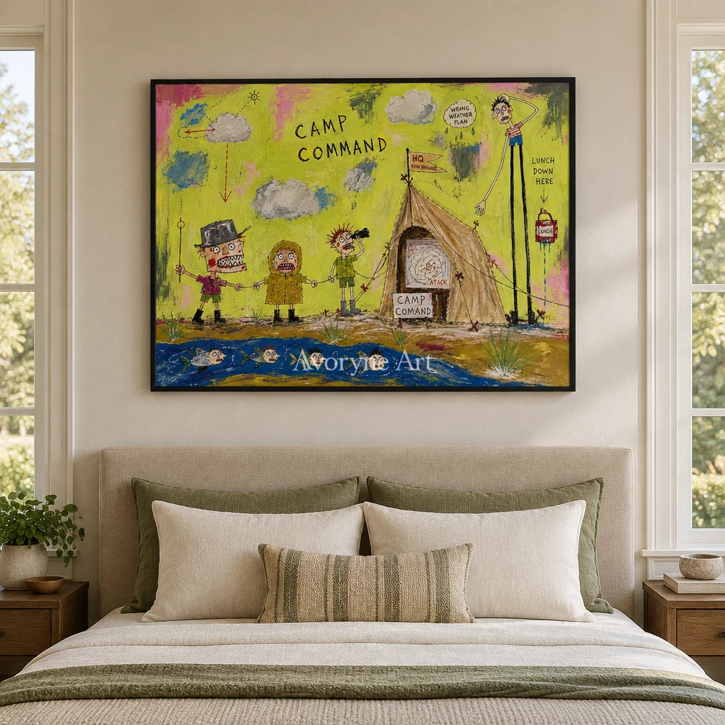 Clear Rhythm everyday character wall art with a black frame above a bed in a bedroom