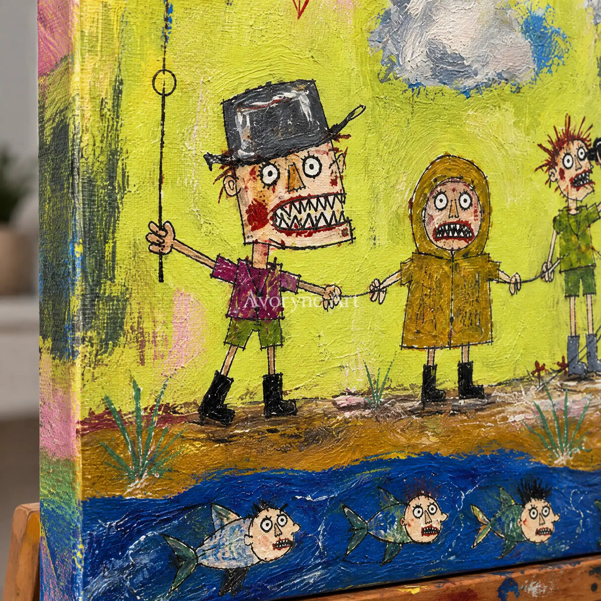 Close-up of the hand-painted texture of Clear Rhythm everyday character wall art on an easel