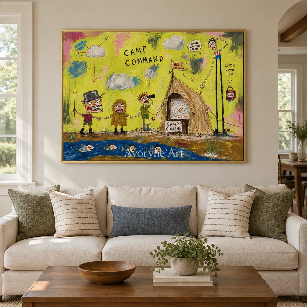 Clear Rhythm everyday character wall art with a gold frame hanging in a living room