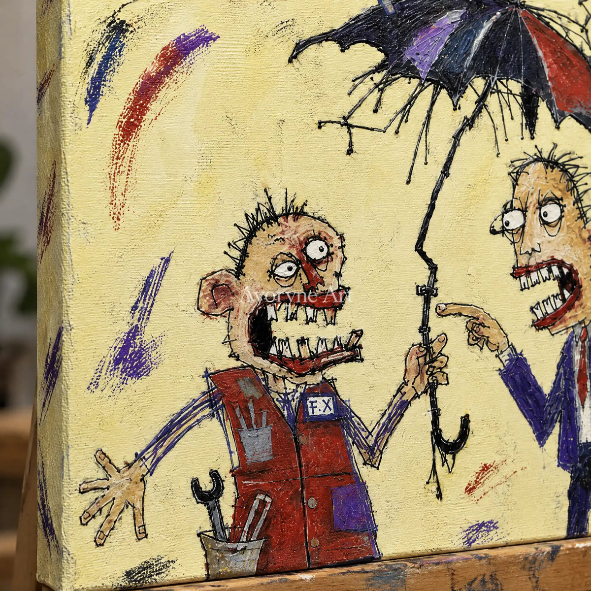 Close-up of the hand-painted texture of Clear Mosaic everyday character wall art on an easel