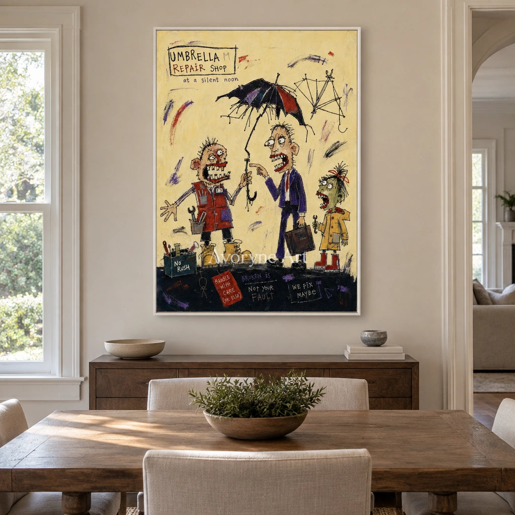Clear Mosaic everyday character wall art with a white frame in a dining room