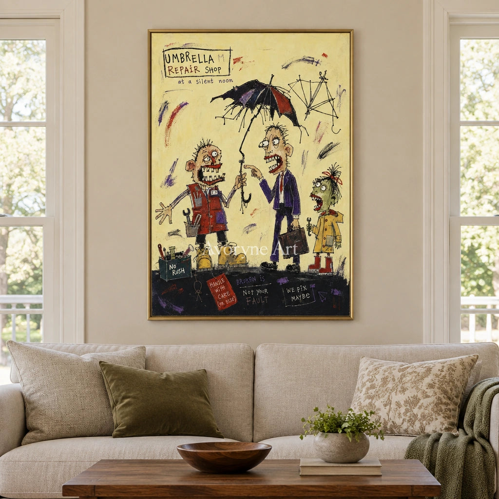 Clear Mosaic everyday character wall art with a gold frame hanging in a living room