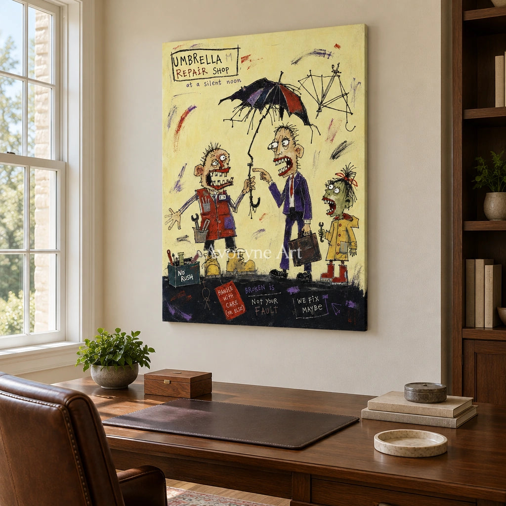 Clear Mosaic everyday character wall art as a frameless stretched canvas in a home office