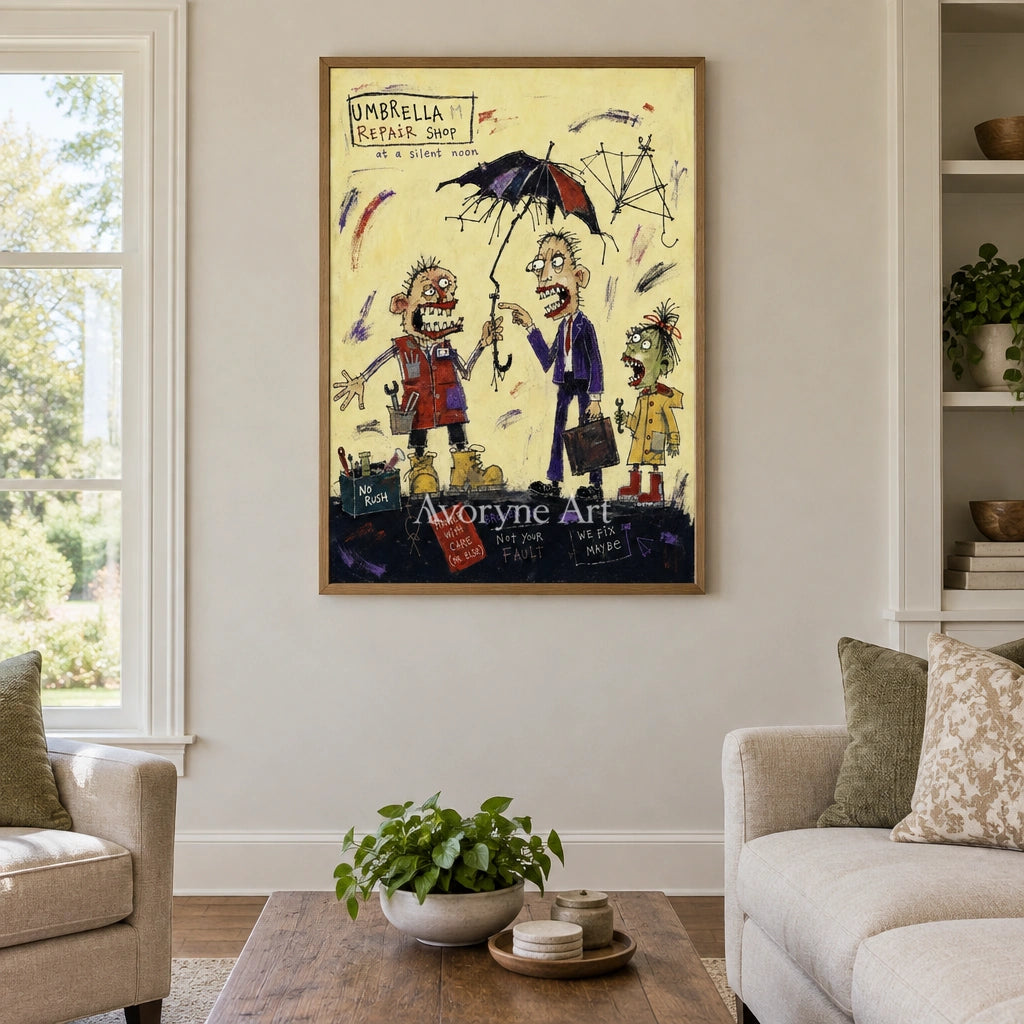 Clear Mosaic everyday character wall art with a wood frame in a villa living space