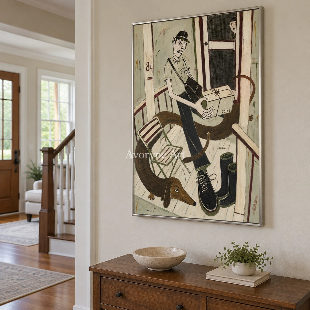 Clear Drift everyday character wall art with a silver frame in an entryway
