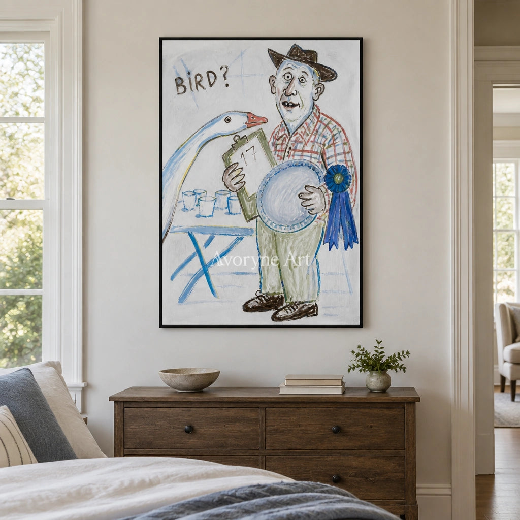 Clear Verse everyday character wall art with a black frame above a bed in a bedroom