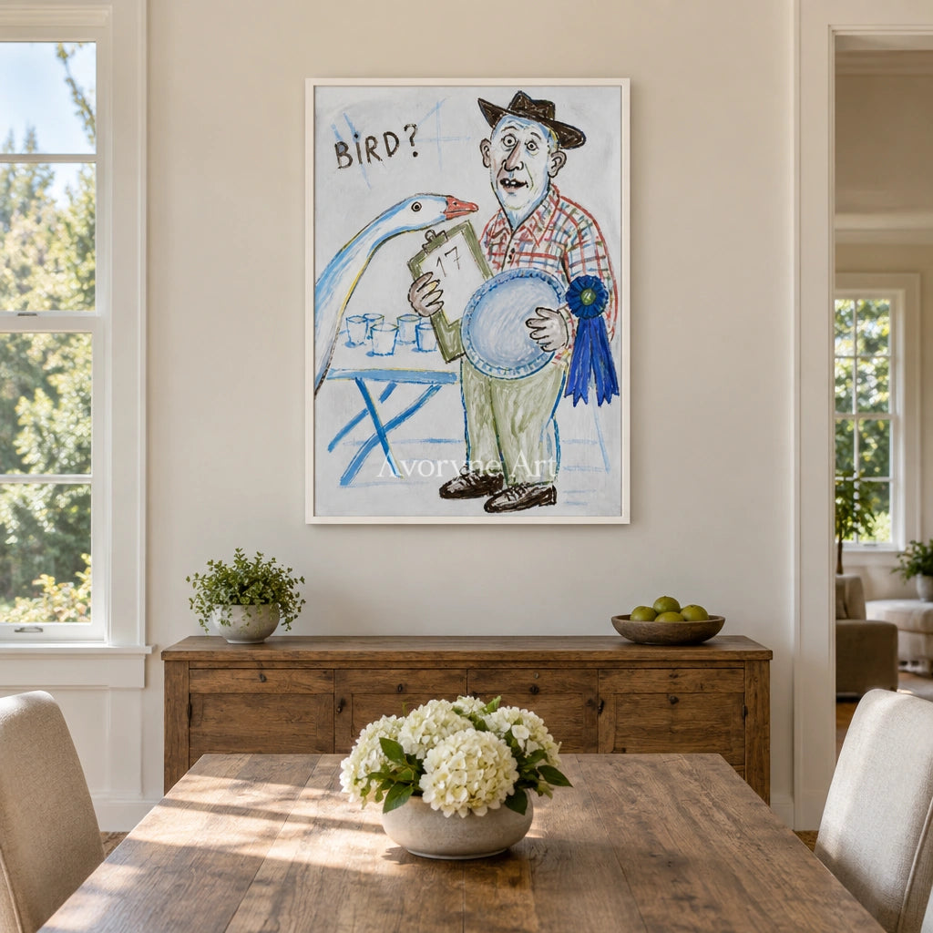 Clear Verse everyday character wall art with a white frame in a dining room