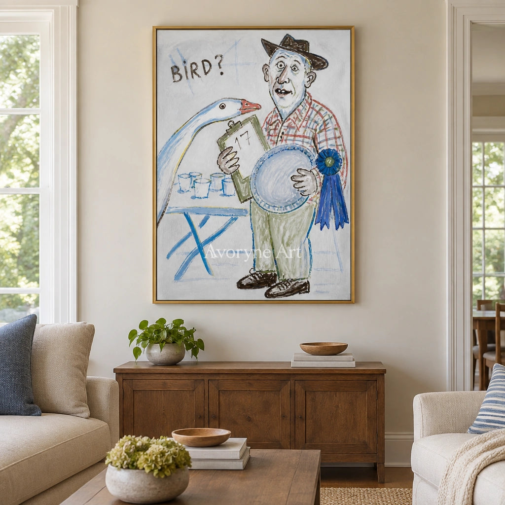 Clear Verse everyday character wall art with a gold frame hanging in a living room
