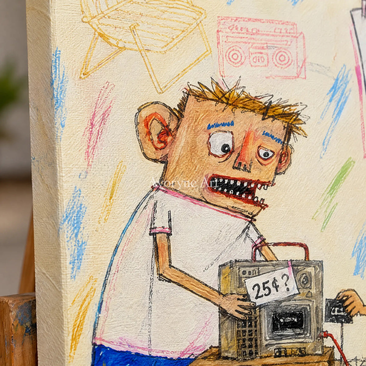 Close-up of the hand-painted texture of Warm Prelude everyday character diptych on an easel