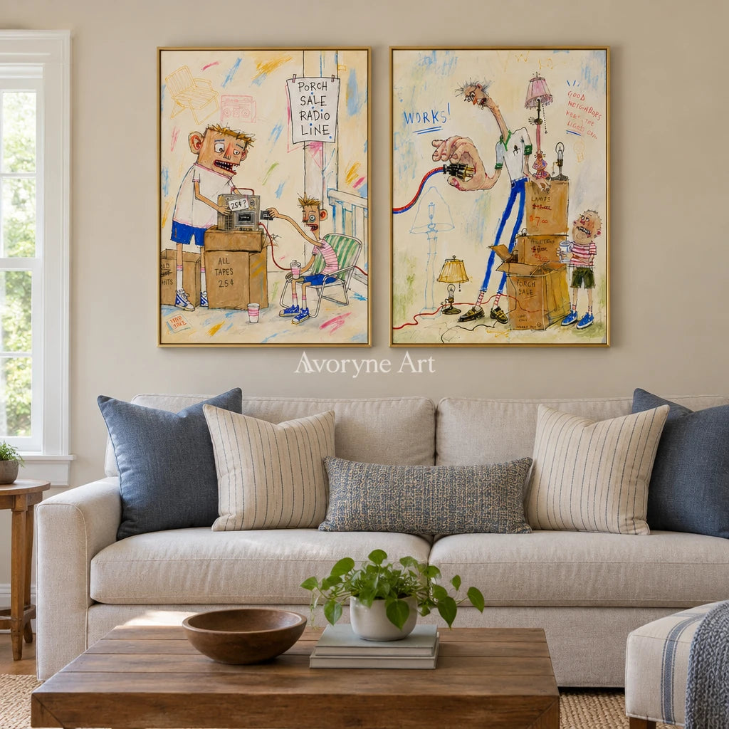Warm Prelude everyday character diptych with a gold frame hanging in a living room