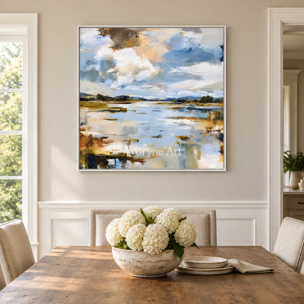 Marsh Light: Expressive Abstract Landscape Wall Art — dining white