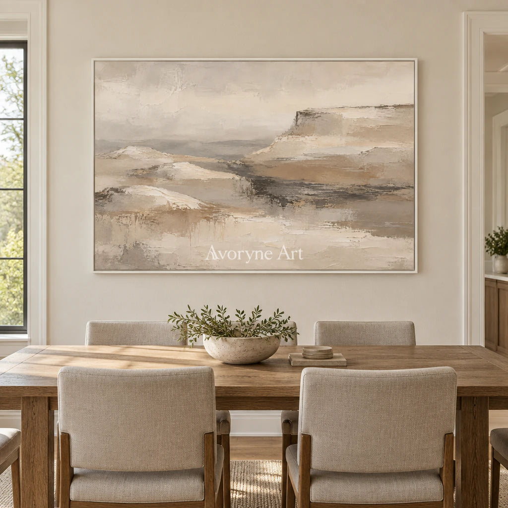 Plateau Haze: Expressive Beige Landscape Wall Art — dining white
