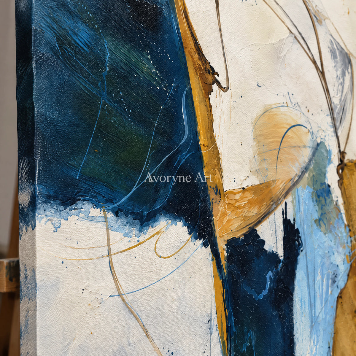 Tidal Gesture: Expressive Blue Abstract Wall Art — detail easel