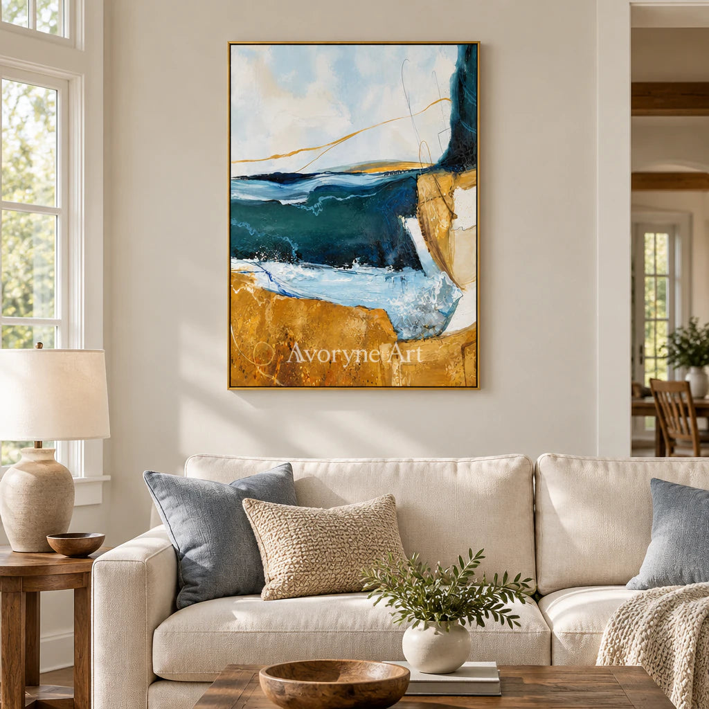 Gilded Current: Expressive Blue Abstract Wall Art — living gold