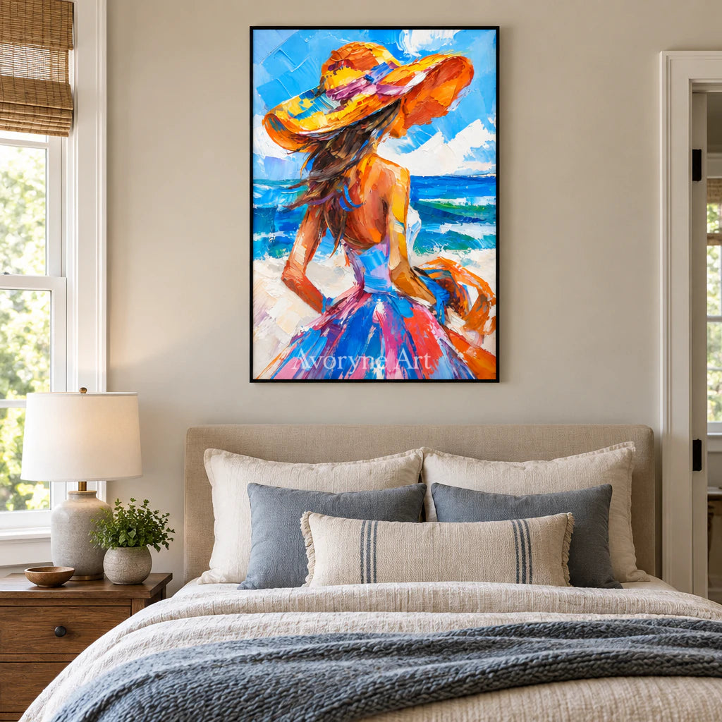 Seaside Muse: Expressive Colorful Blue Woman Wall Art — bedroom black