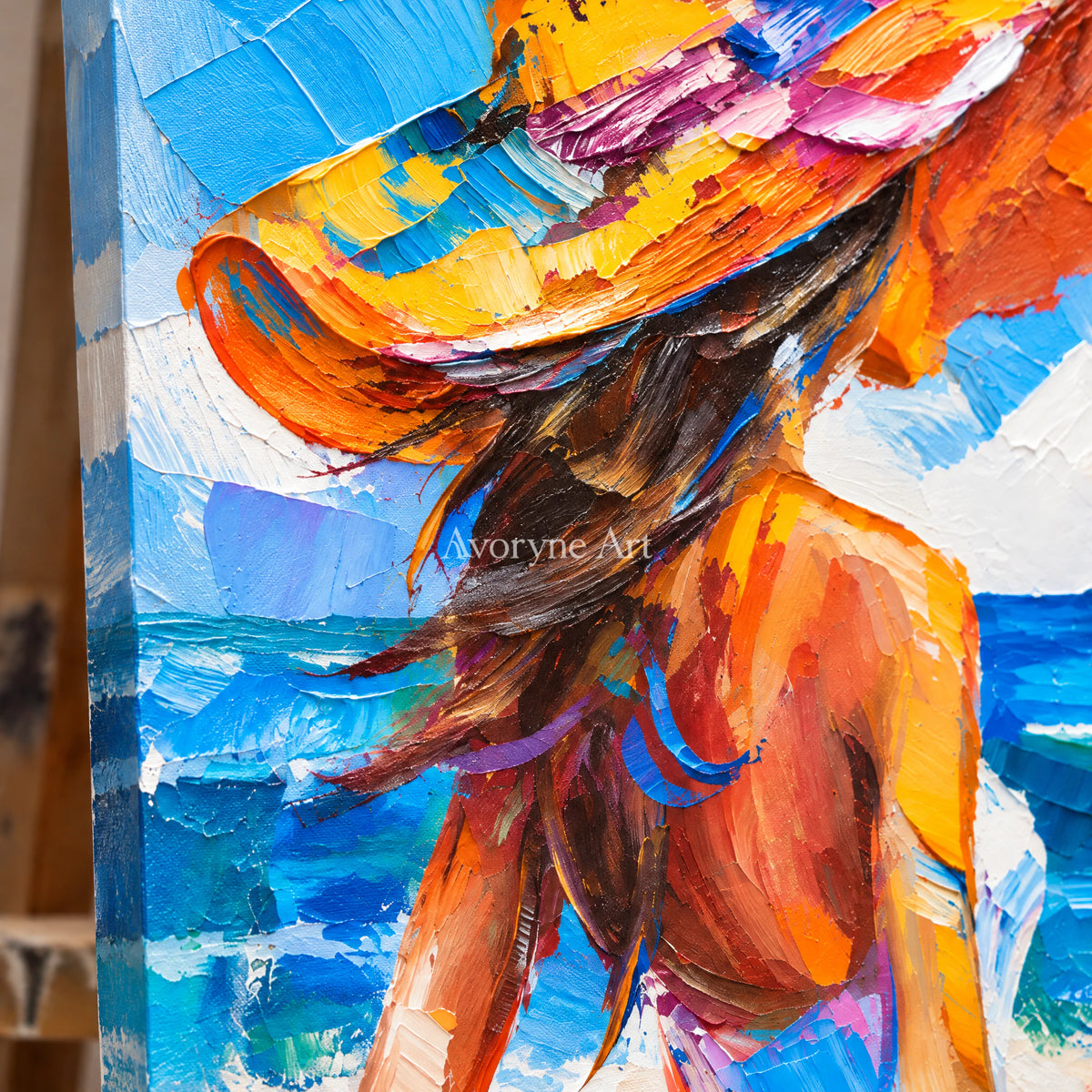 Seaside Muse: Expressive Colorful Blue Woman Wall Art — detail easel