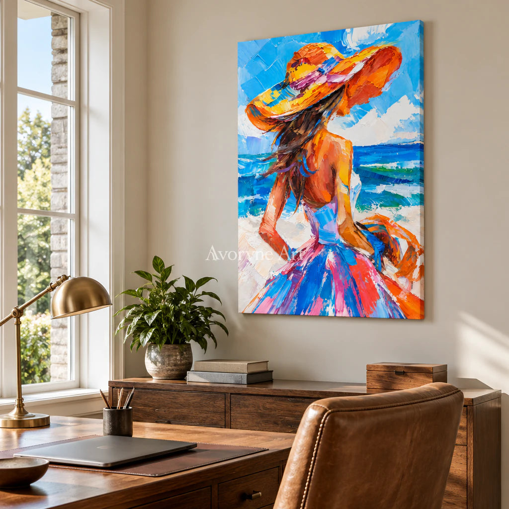 Seaside Muse: Expressive Colorful Blue Woman Wall Art — office frameless