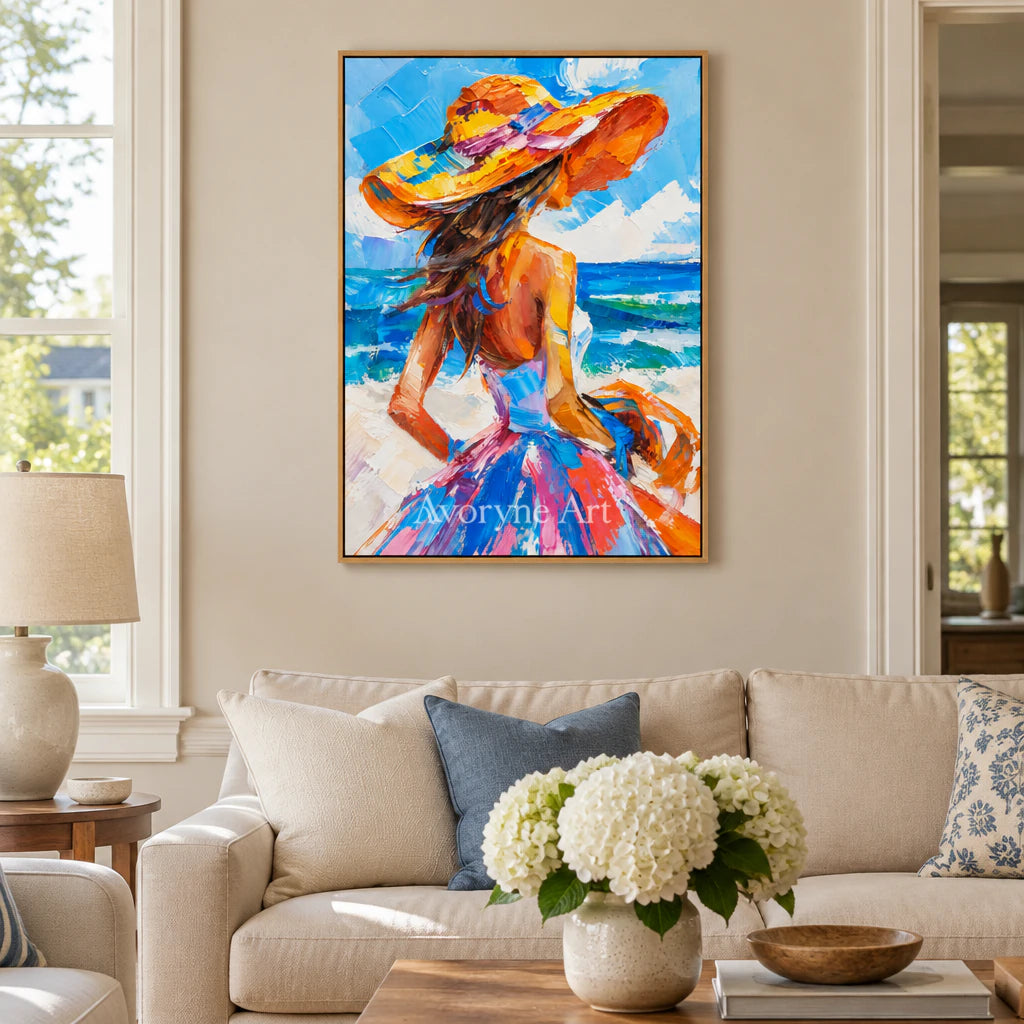 Seaside Muse: Expressive Colorful Blue Woman Wall Art — villa wood