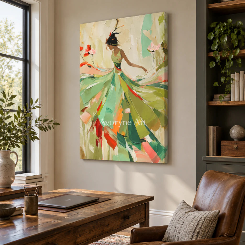 Sage Reverie: Expressive Colorful Dancer Wall Art — office frameless