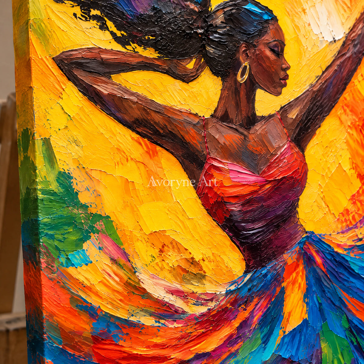 Flame Waltz: Expressive Colorful Dancer Wall Art — detail easel