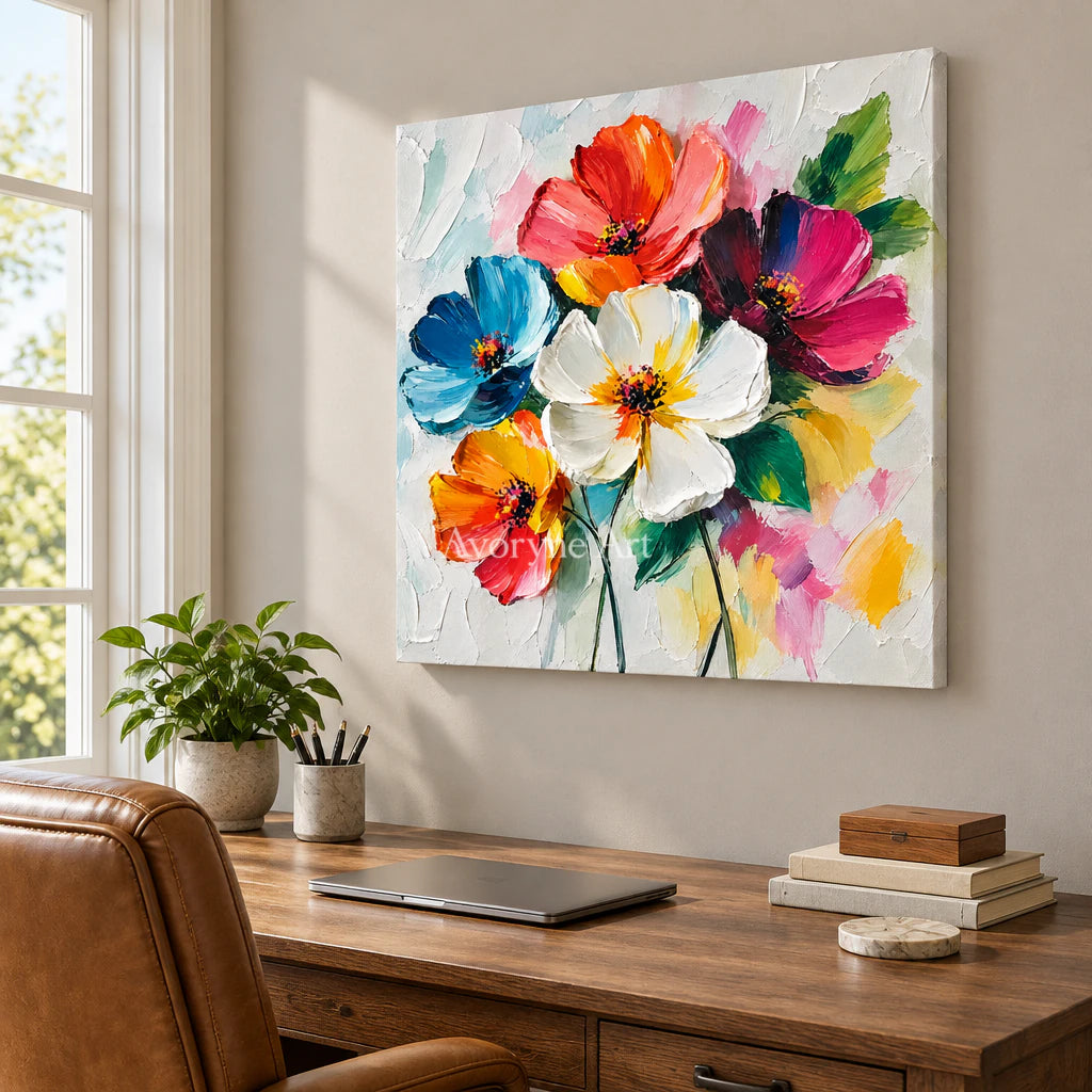 Petal Chorus: Expressive Colorful Flowers Wall Art — office frameless