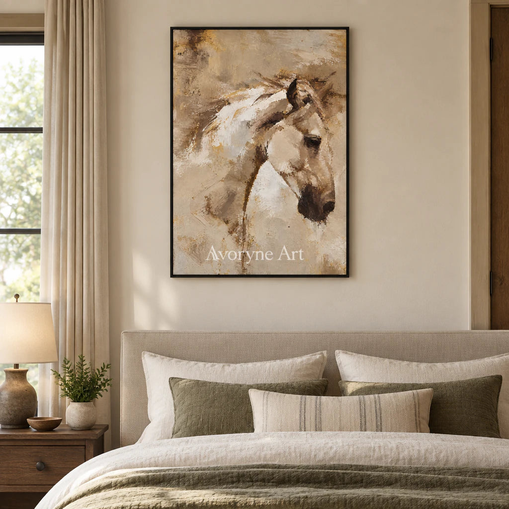 Sepia Motion: Expressive Contemporary Horse Wall Art — bedroom black