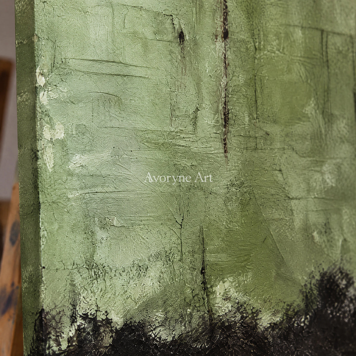 Moss Patina: Expressive Green Abstract Wall Art — detail easel