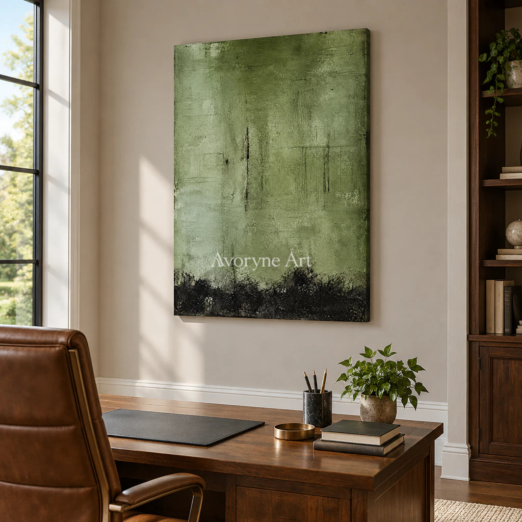 Moss Patina: Expressive Green Abstract Wall Art — office frameless