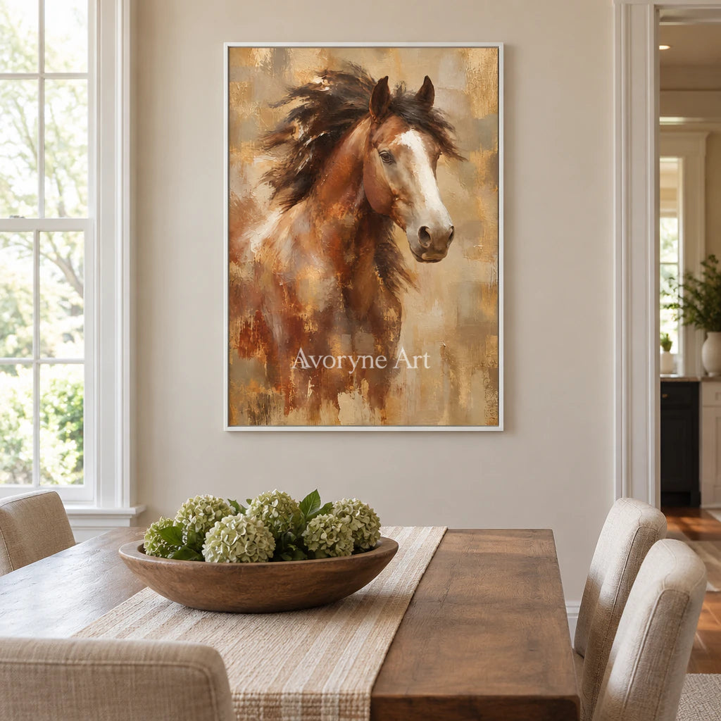 Chestnut Spirit: Expressive Horse Portrait Wall Art — dining white