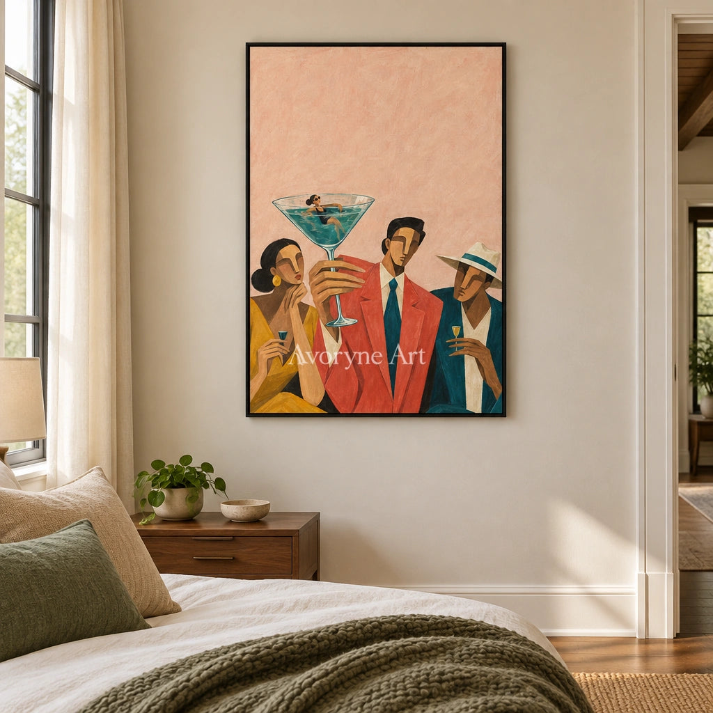 Lucent Echo figure and glass wall art with a black frame above a bed in a bedroom
